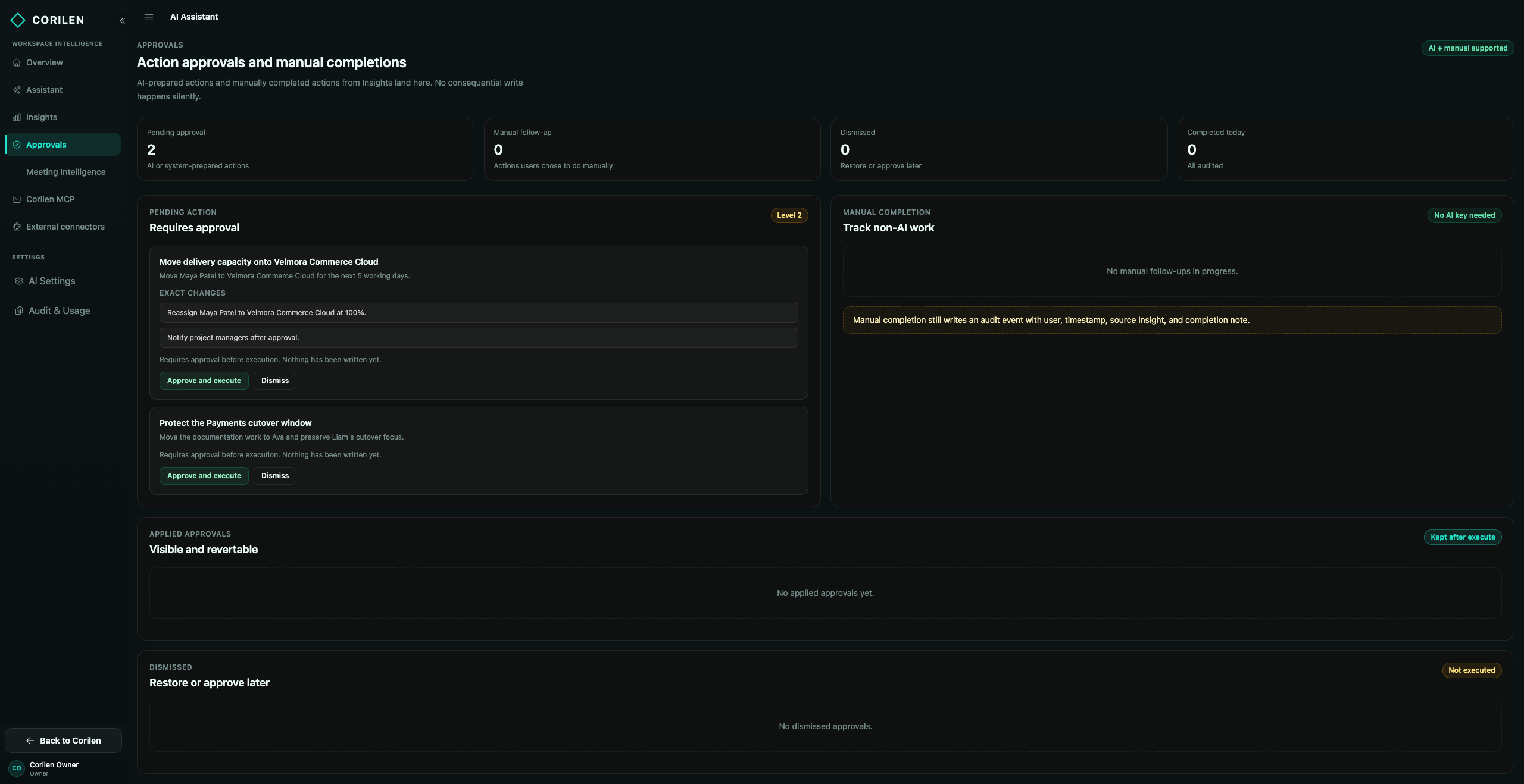 Approvals queue with pending AI-prepared actions