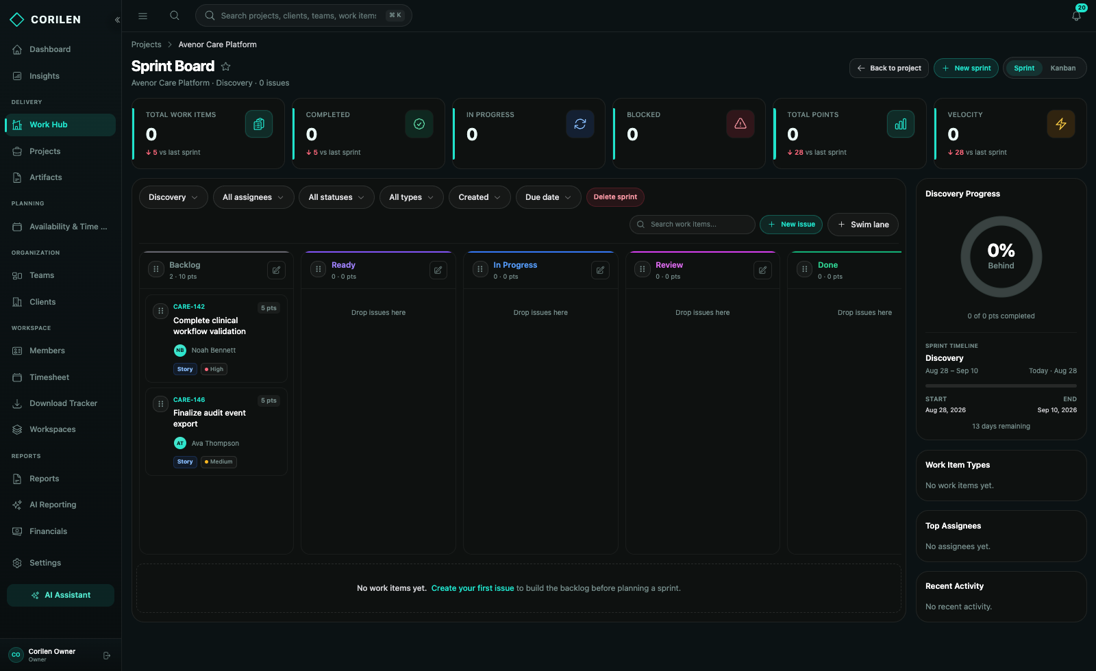 Work Hub sprint board